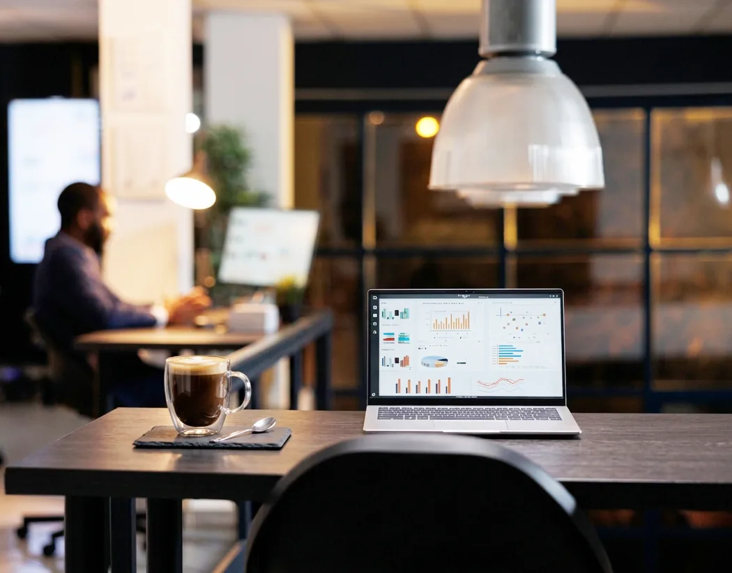 Laptop showing an analytics dashboard beside a coffee in a coworking space