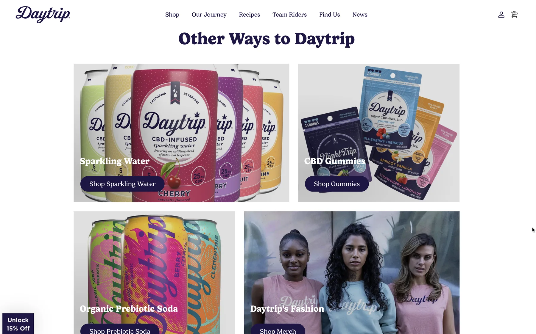 Grelha de coleções Other Ways to Daytrip com água com gás, gomas, refrigerante e merchandising