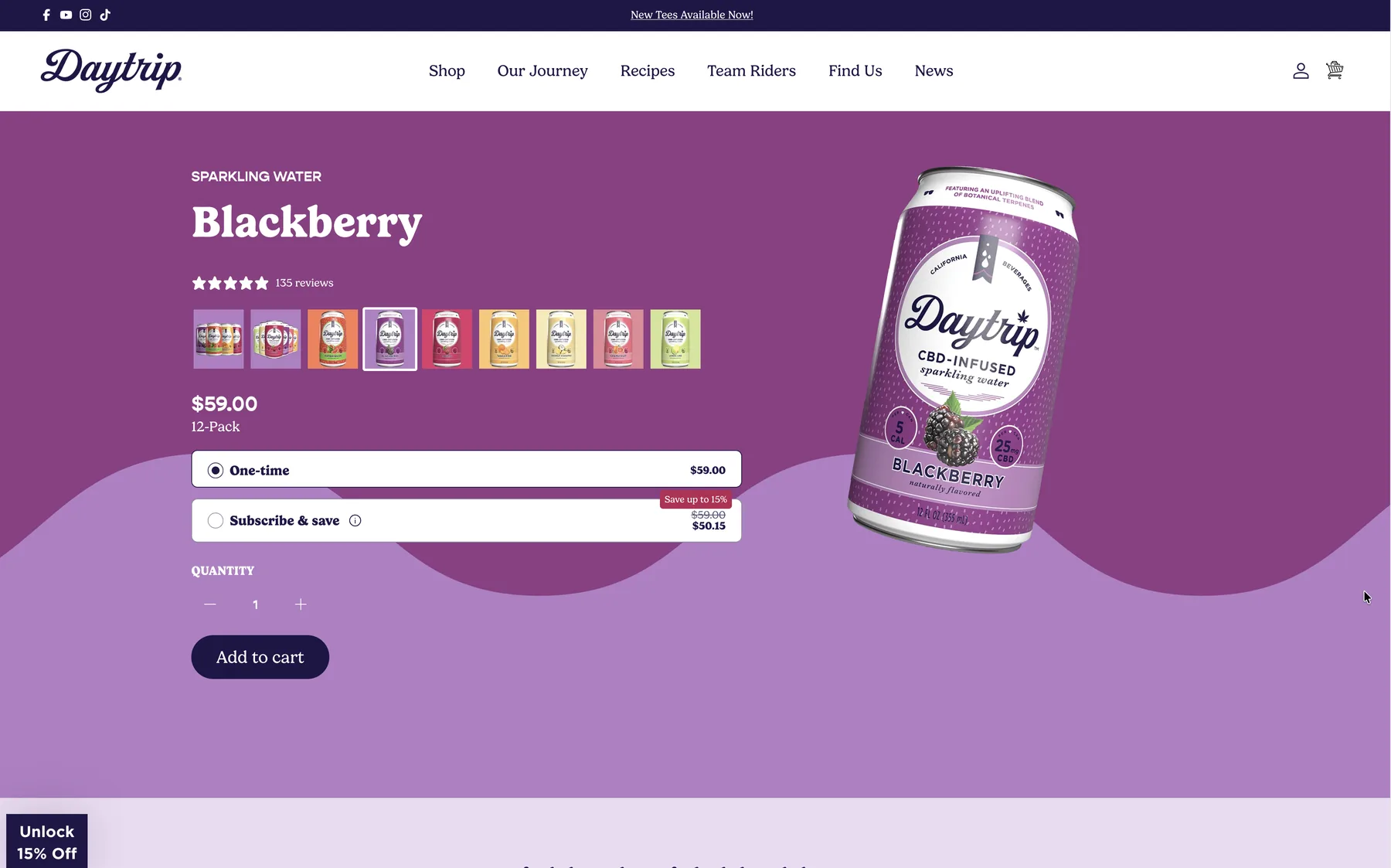 Daytrip product page where switching variant changes the background colour and content