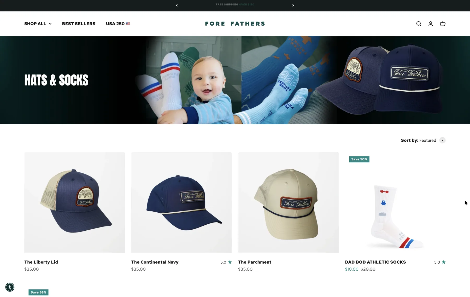 Página da coleção Hats & Socks da Fore Fathers com grelha de produtos