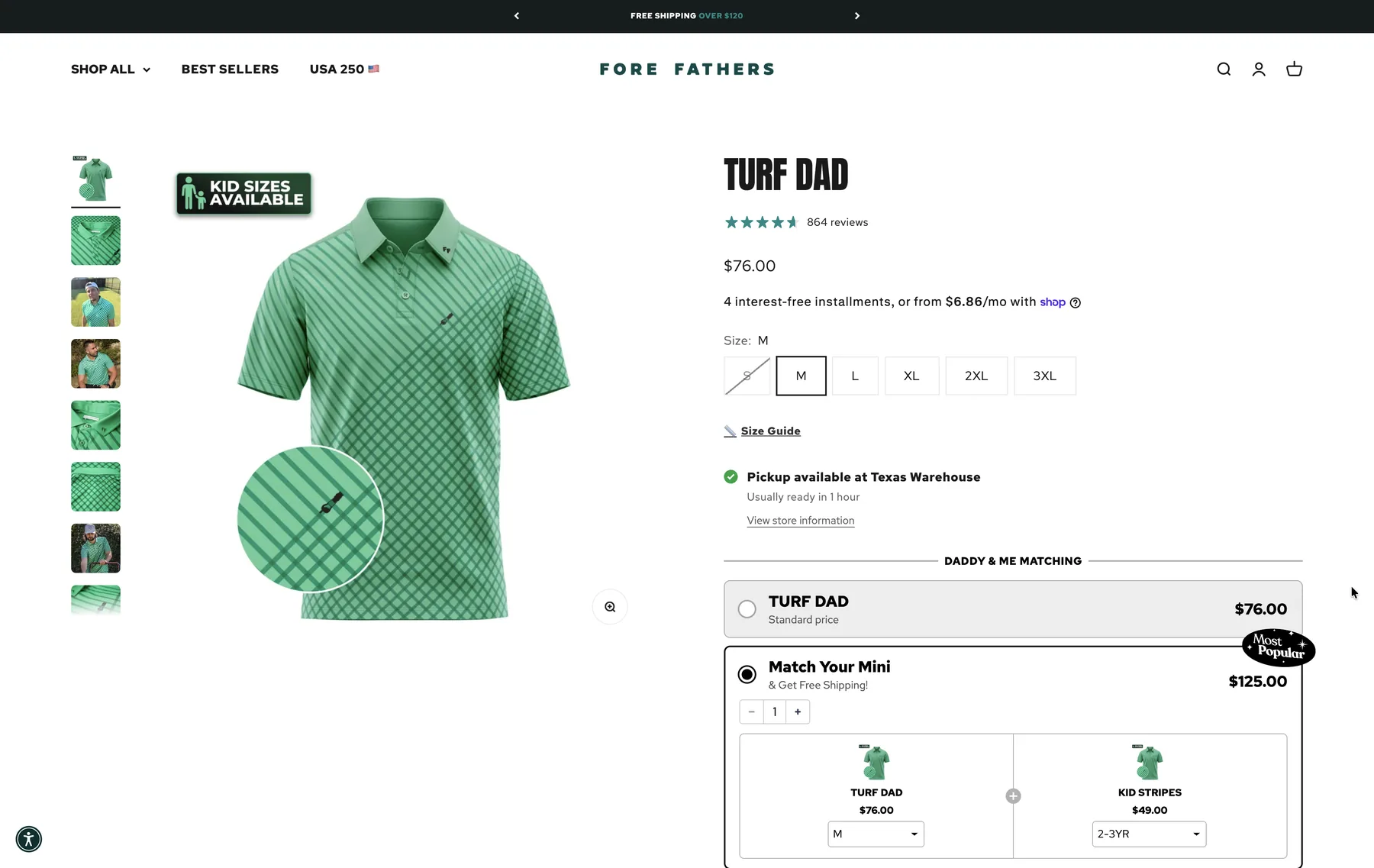 Página de produto da Fore Fathers para o polo Turf Dad com um pack Daddy & Me a condizer