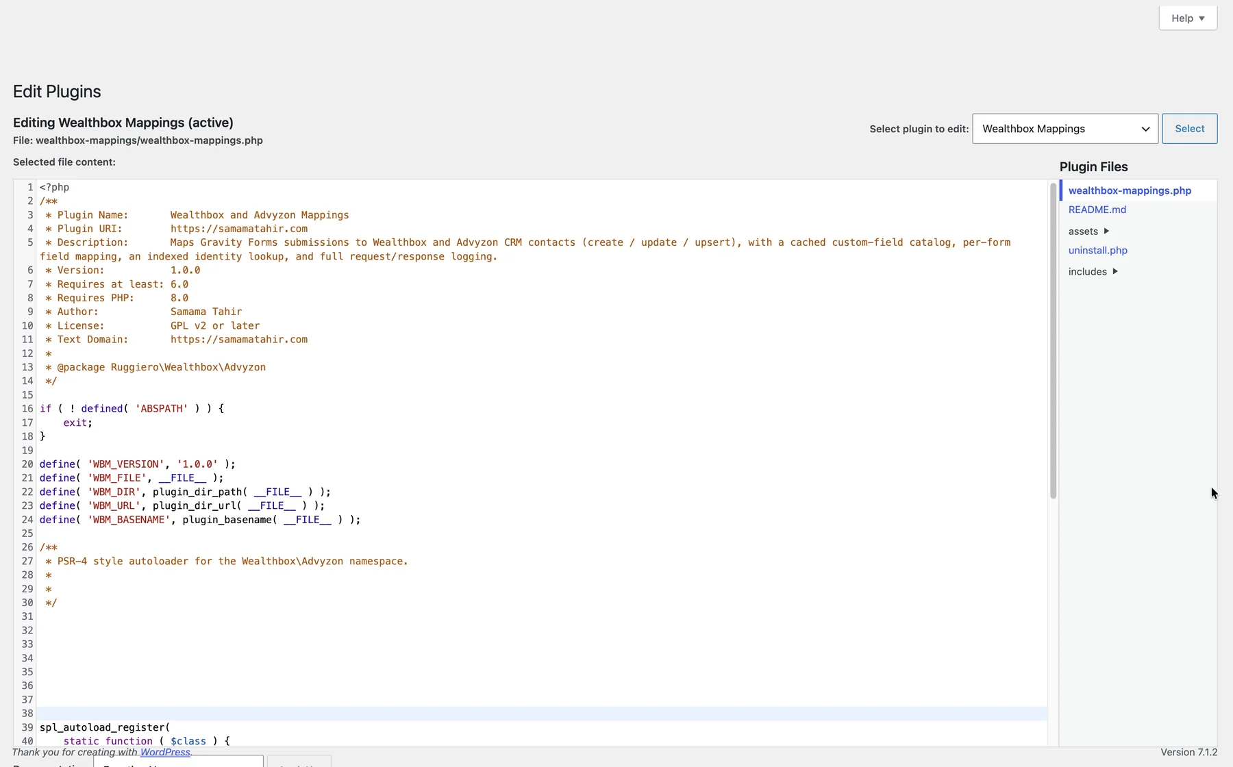 Ficheiro PHP principal do plugin personalizado de Wealthbox e Advyzon no editor de plugins do WordPress