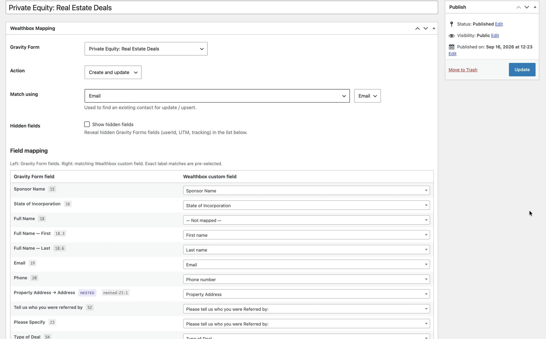 Settings screen of a custom WordPress plugin Samama Tahir built, mapping Gravity Forms fields to CRM fields