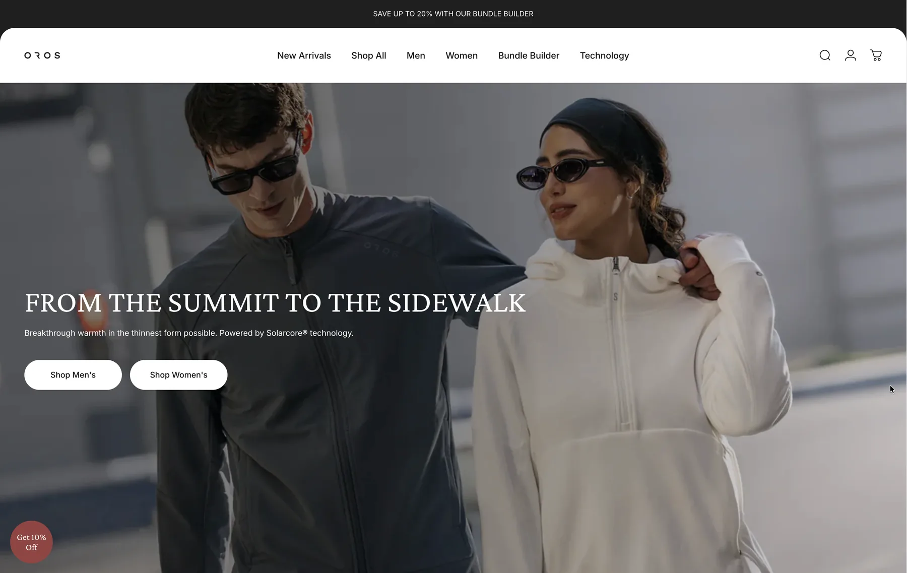 OROS Shopify 2.0 homepage with the hero banner and main navigation