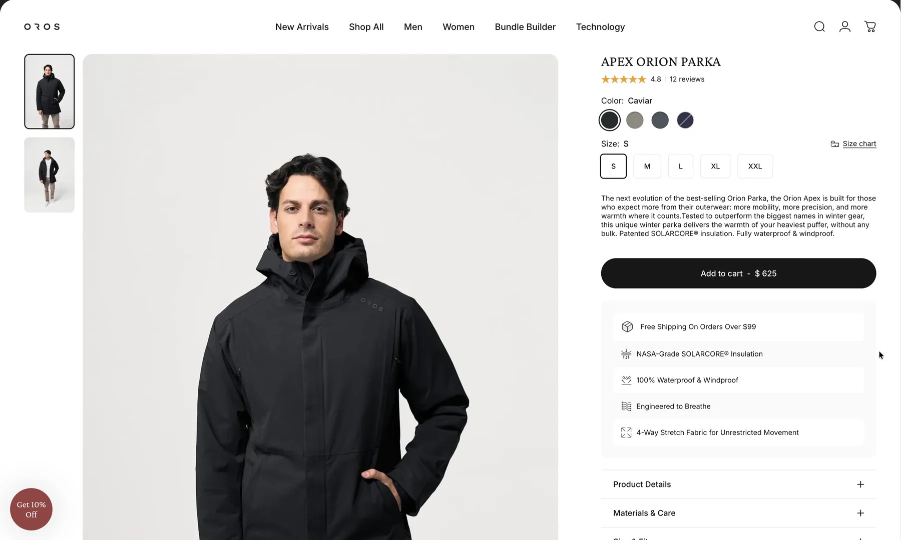 Página de produto da OROS para o Apex Orion Parka com seletores de cor e tamanho