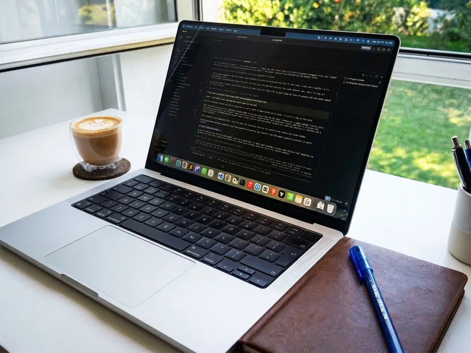 Laptop with code open in an editor, a cappuccino and a leather notebook by a garden window