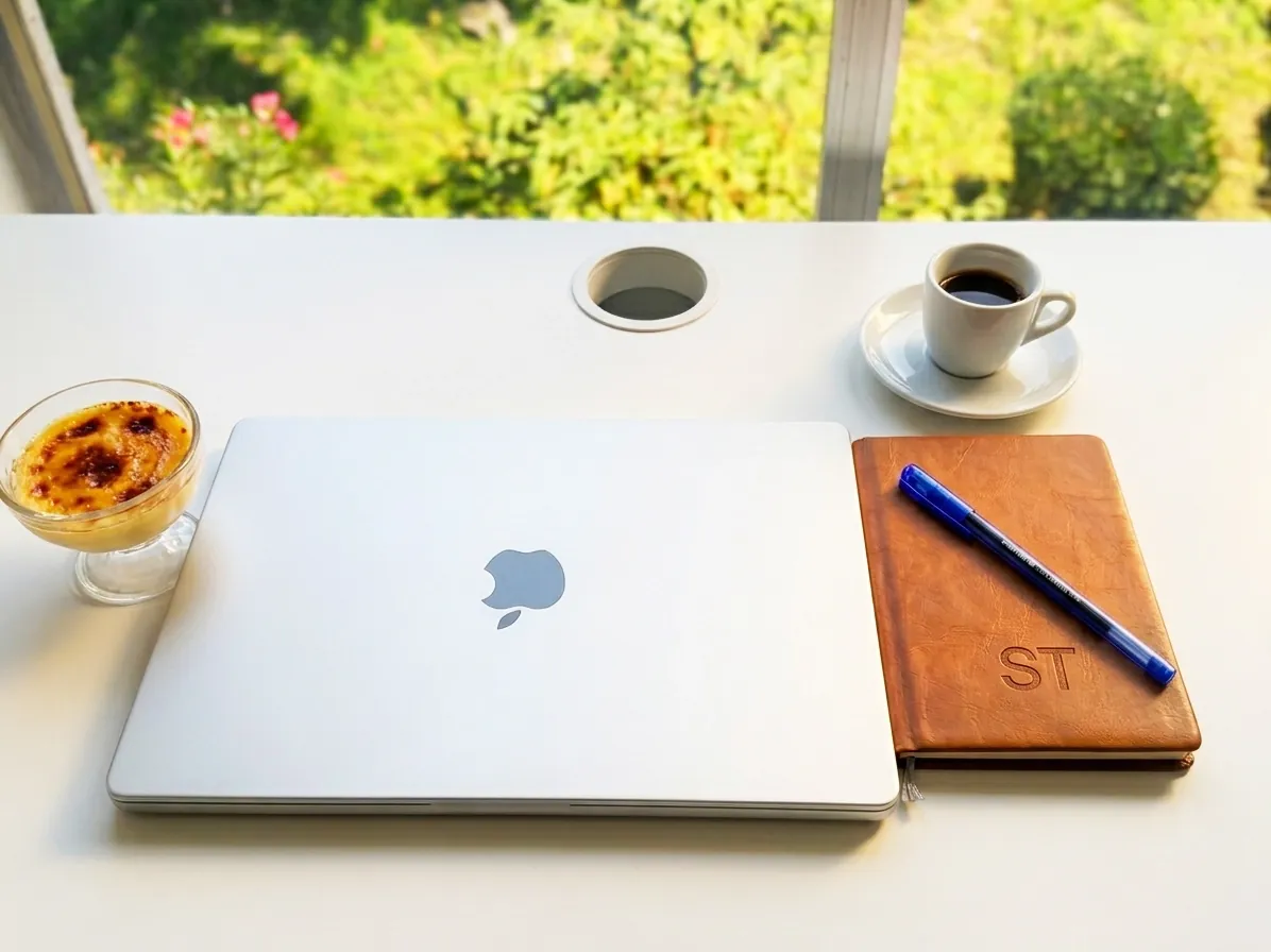 Closed laptop, espresso, crème brûlée and an ST-monogrammed notebook on Samama Tahir's desk