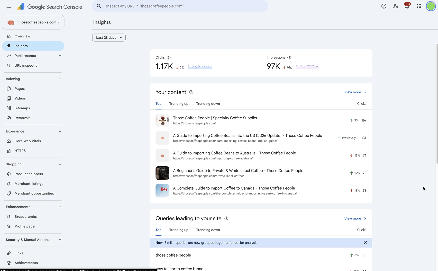 Página de Insights do Google Search Console para thosecoffeepeople.com com os conteúdos principais